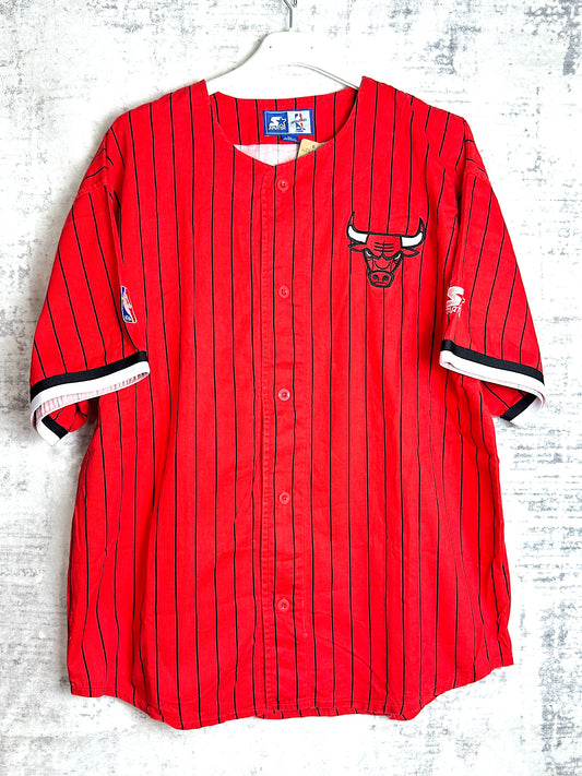 VINTAGE 90s CHICAGO BULLS PINSTRIPE NBA BASEBALL JERSEY  SZ: L