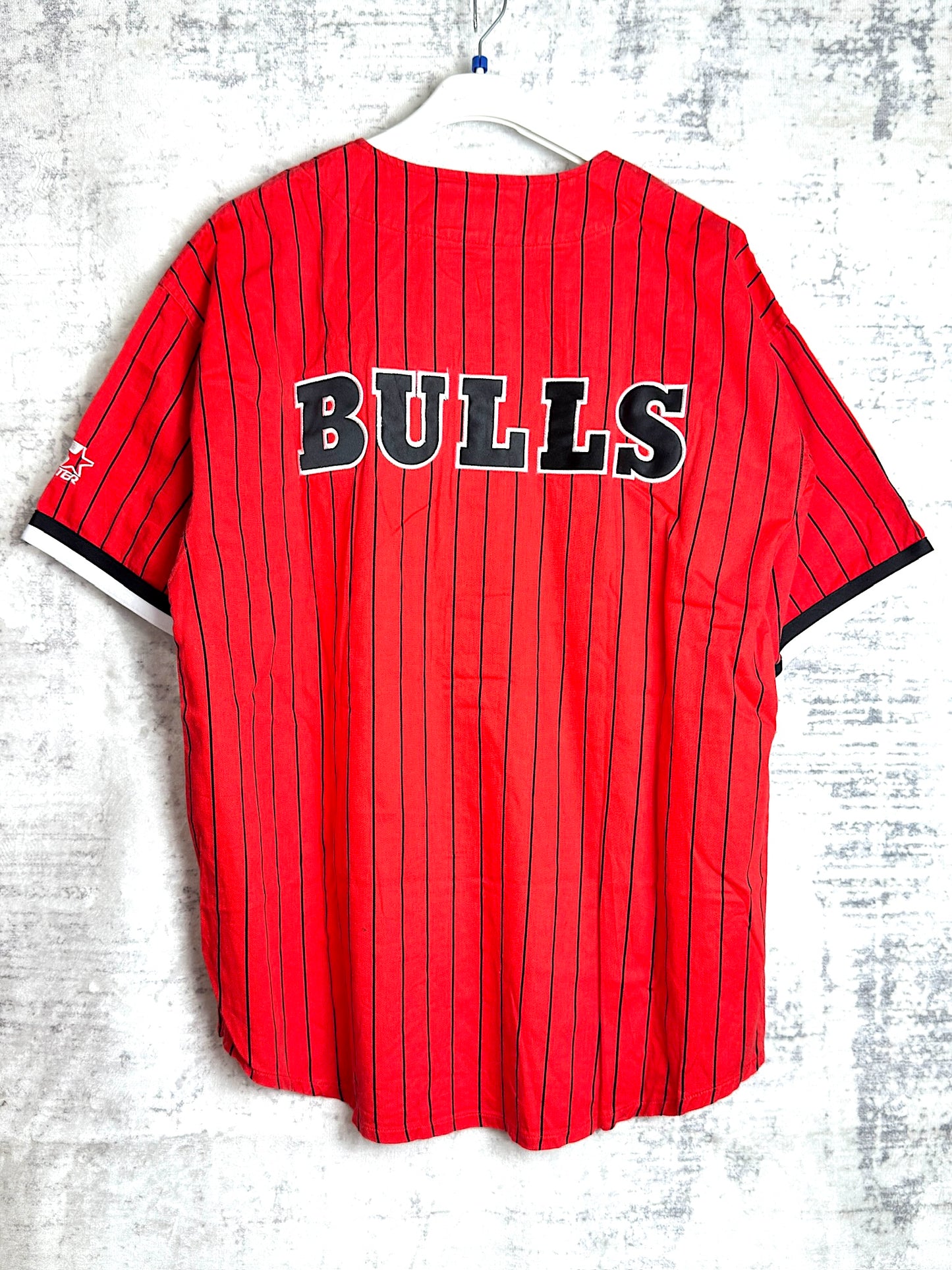 VINTAGE 90s CHICAGO BULLS PINSTRIPE NBA BASEBALL JERSEY  SZ: L