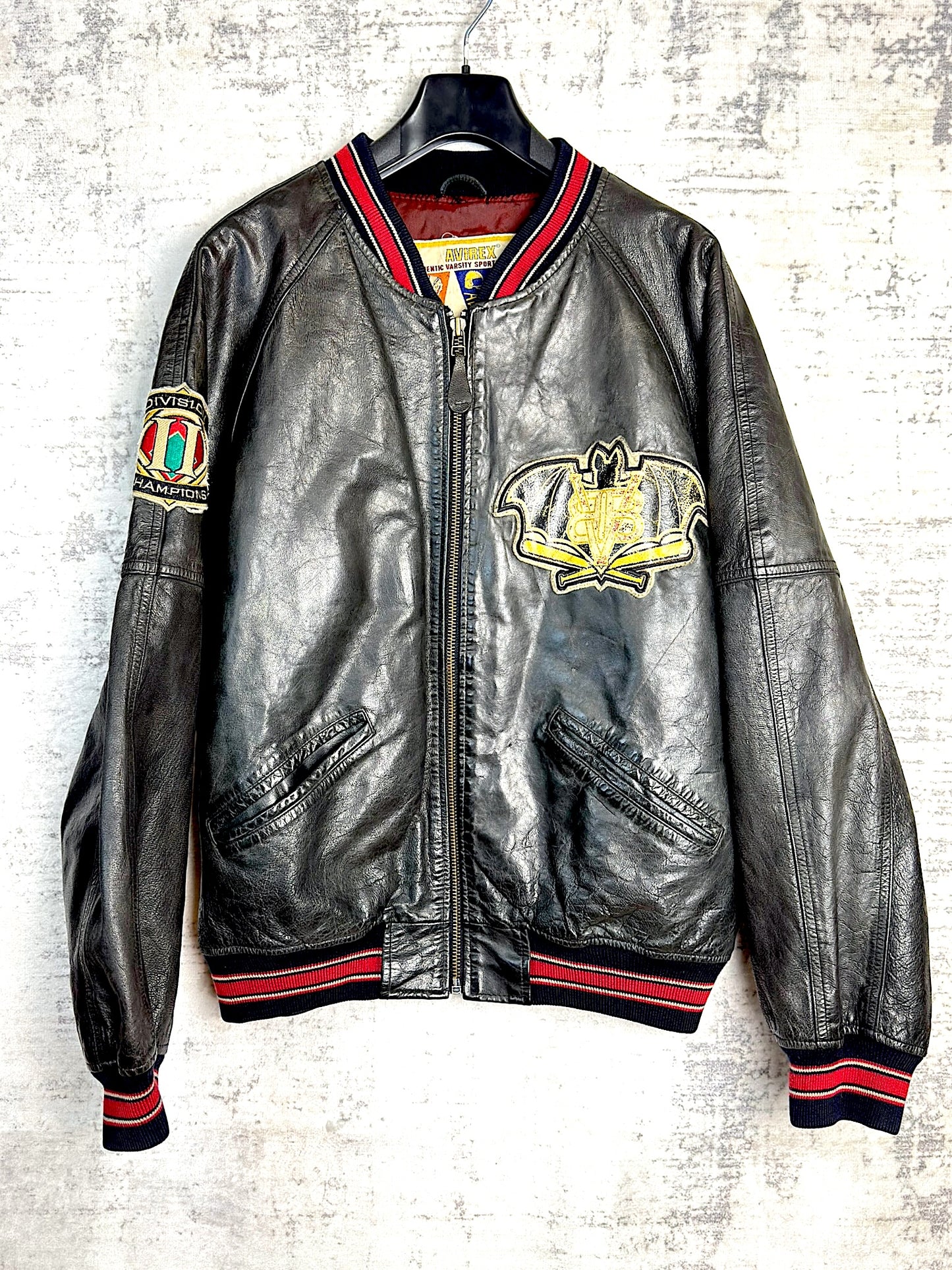 VINTAGE 90s AVIREX "VISALIA BIG BATS" LEATHER VARSITY JACKET SZ: M