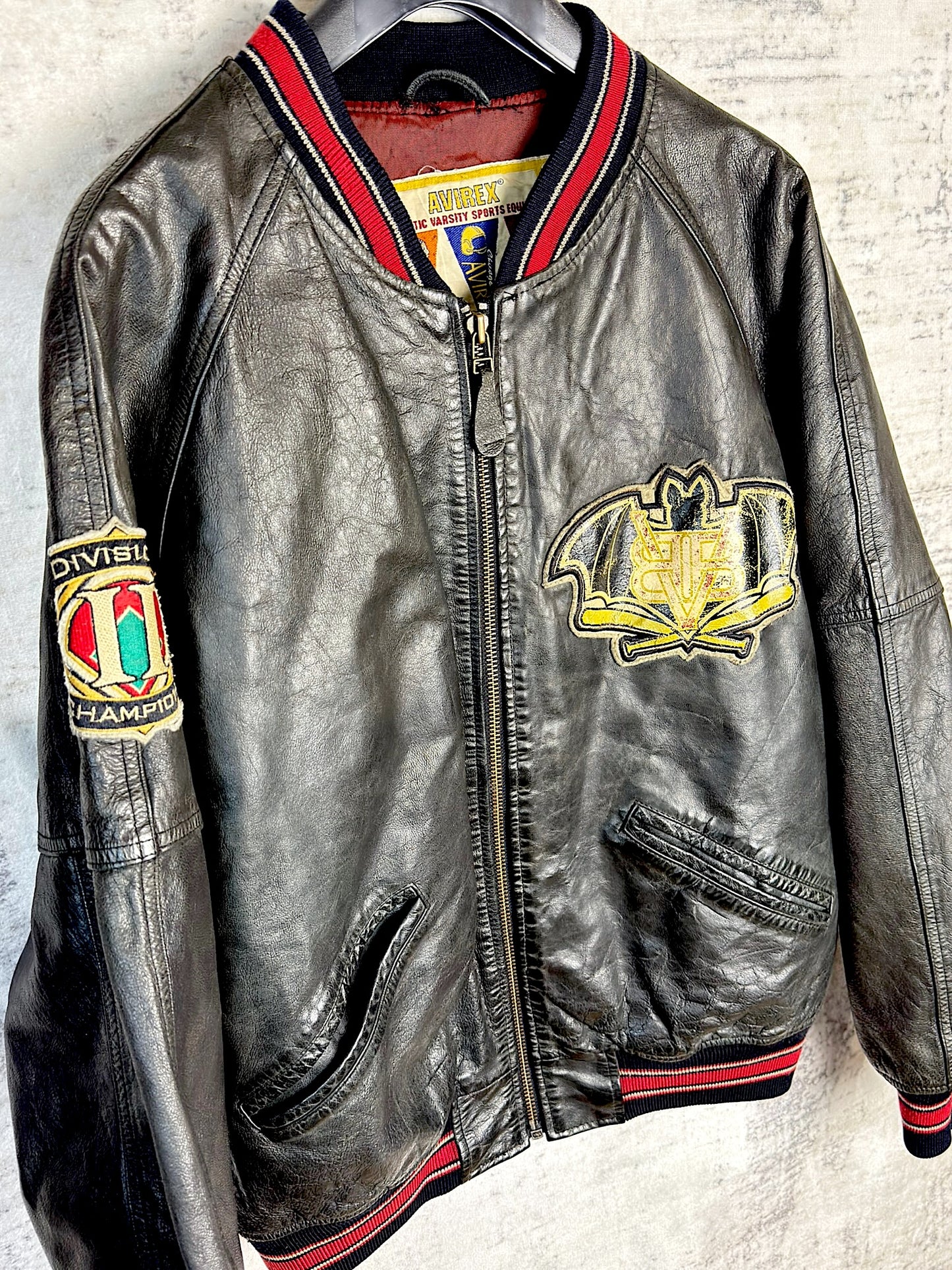 VINTAGE 90s AVIREX "VISALIA BIG BATS" LEATHER VARSITY JACKET SZ: M