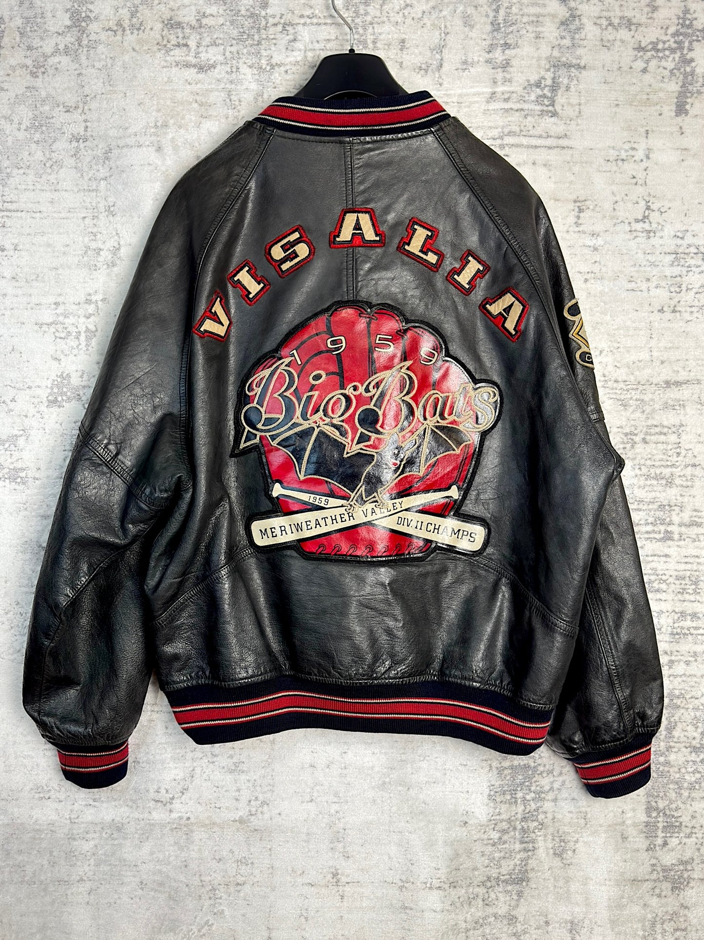 VINTAGE 90s AVIREX "VISALIA BIG BATS" LEATHER VARSITY JACKET SZ: M