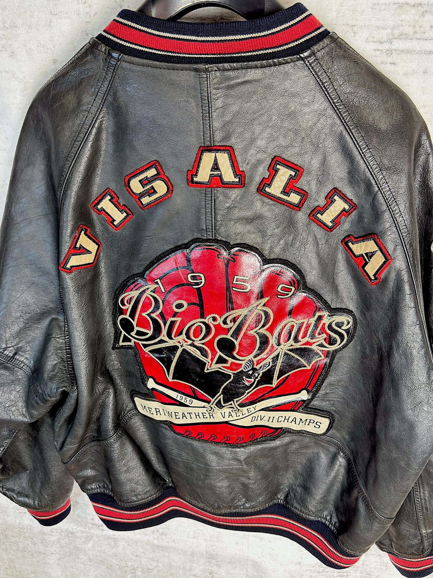 VINTAGE 90s AVIREX "VISALIA BIG BATS" LEATHER VARSITY JACKET SZ: M