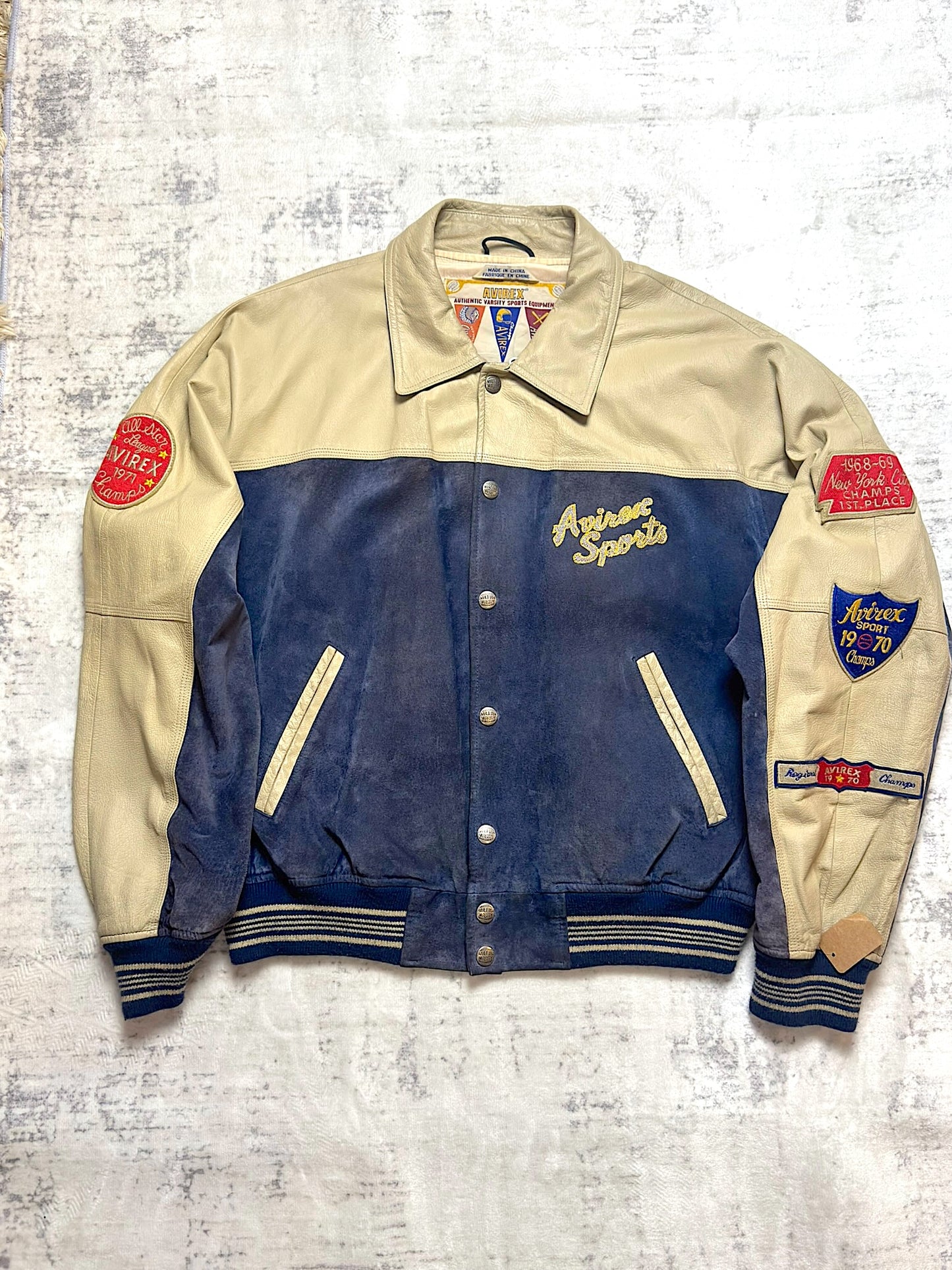 VINTAGE 90s AVIREX U.S.A "ALL SPORTS NYC. UNIVERSITY" LEATHER VARSITY JACKET SZ: XL