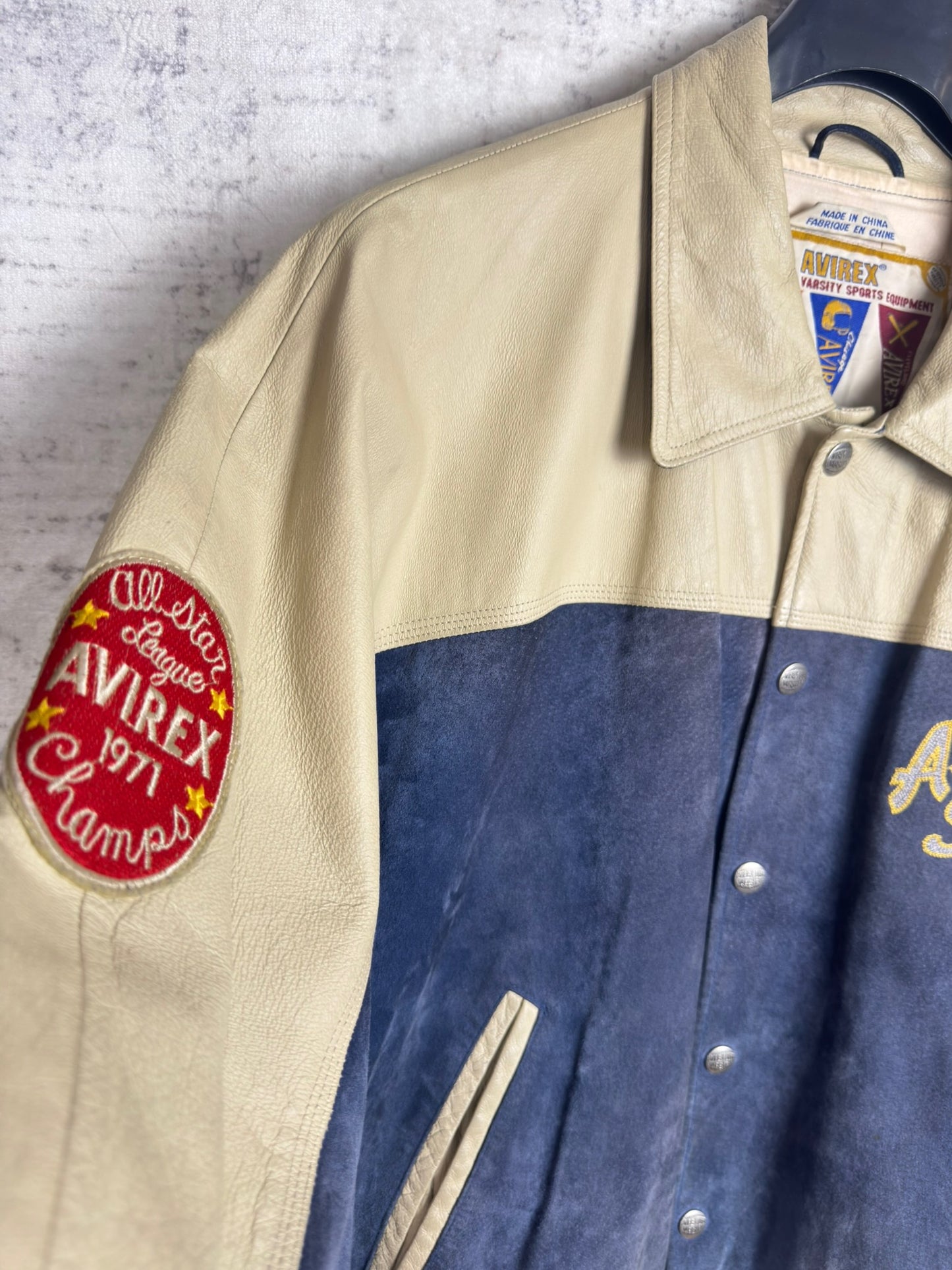 VINTAGE 90s AVIREX U.S.A "ALL SPORTS NYC. UNIVERSITY" LEATHER VARSITY JACKET SZ: XL