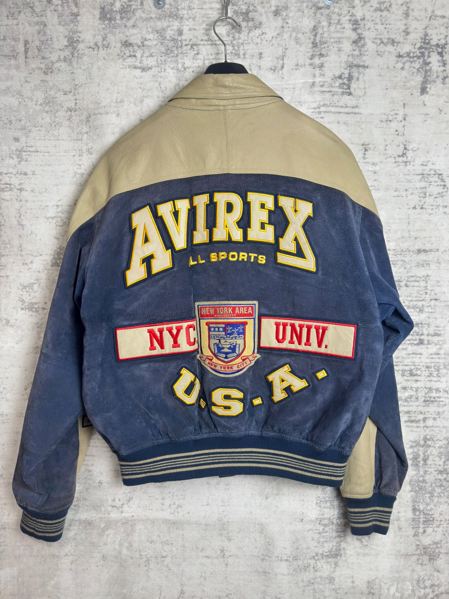 VINTAGE 90s AVIREX U.S.A "ALL SPORTS NYC. UNIVERSITY" LEATHER VARSITY JACKET SZ: XL