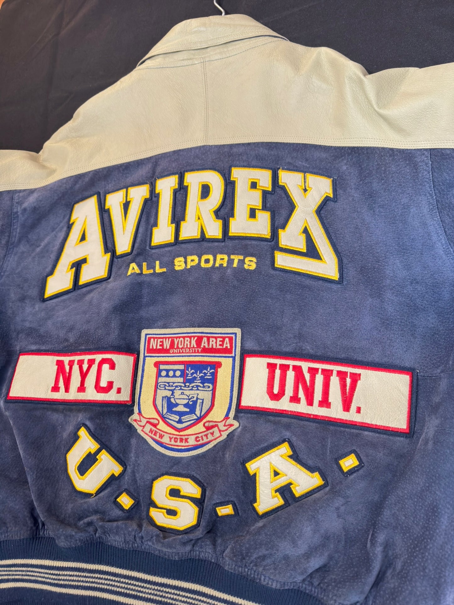 VINTAGE 90s AVIREX U.S.A "ALL SPORTS NYC. UNIVERSITY" LEATHER VARSITY JACKET SZ: XL