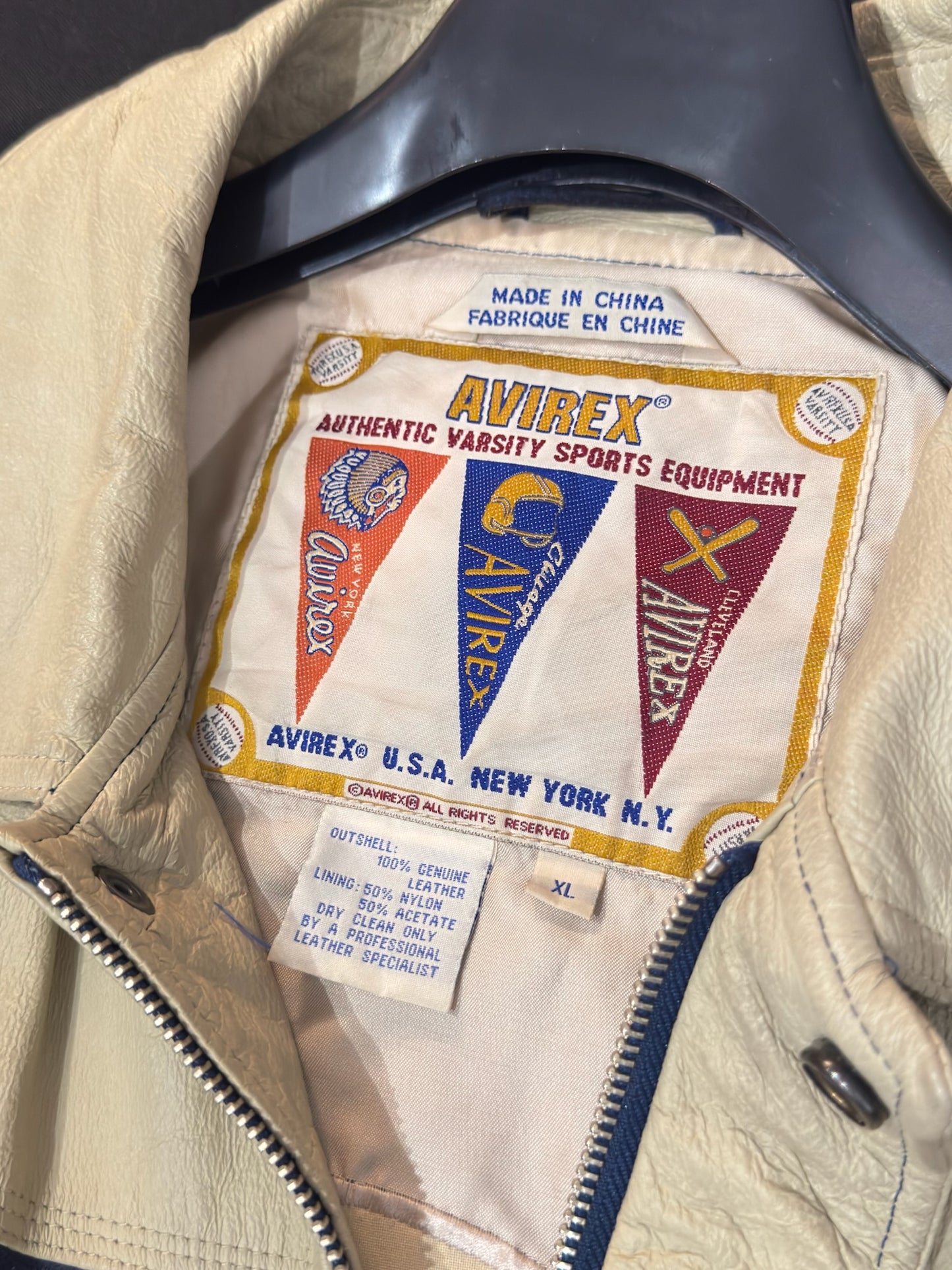 VINTAGE 90s AVIREX U.S.A "ALL SPORTS NYC. UNIVERSITY" LEATHER VARSITY JACKET SZ: XL