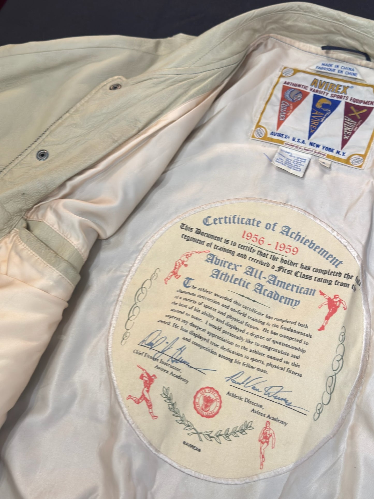 VINTAGE 90s AVIREX U.S.A "ALL SPORTS NYC. UNIVERSITY" LEATHER VARSITY JACKET SZ: XL