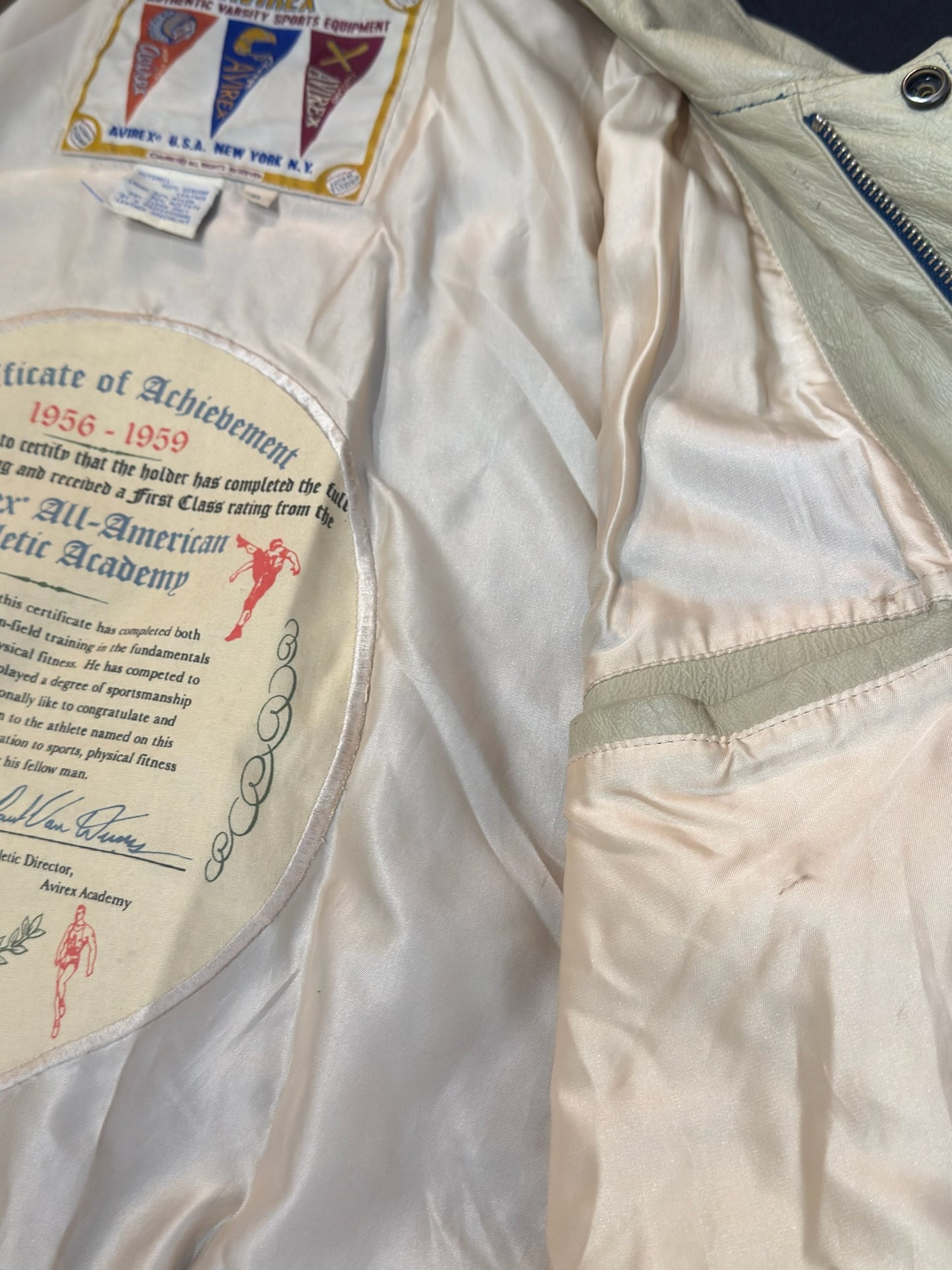 VINTAGE 90s AVIREX U.S.A "ALL SPORTS NYC. UNIVERSITY" LEATHER VARSITY JACKET SZ: XL