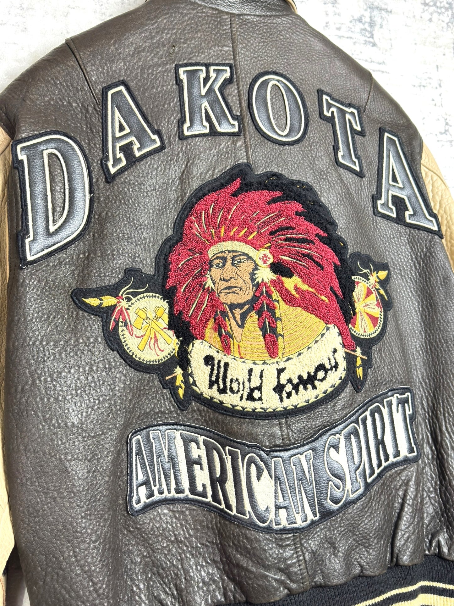VINTAGE DAKOTA "AMERICAN SPIRIT" LEATHER VARSITY JACKET SZ: S