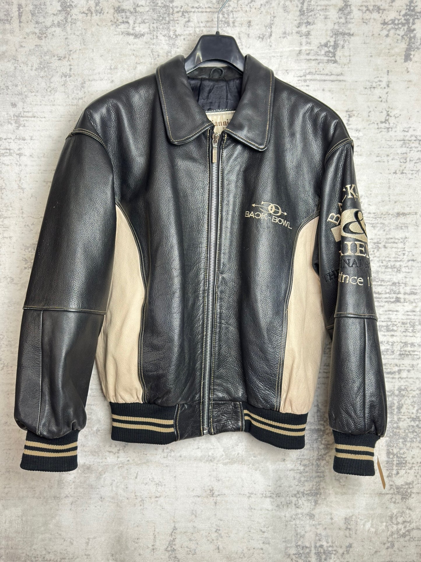 VINTAGE 90s "BACK BOWL BY GIANNI PELLE" LEATHER VARSITY JACKET SZ: S