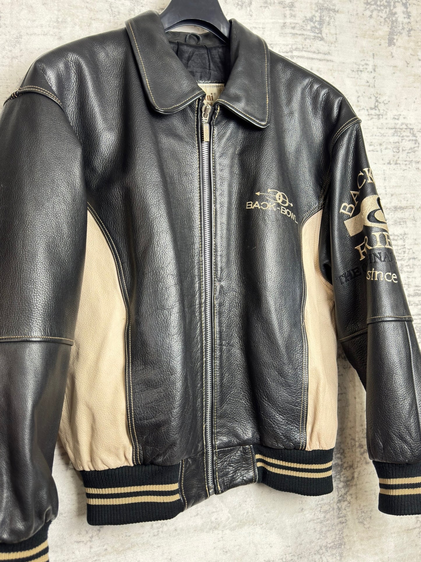 VINTAGE 90s "BACK BOWL BY GIANNI PELLE" LEATHER VARSITY JACKET SZ: S