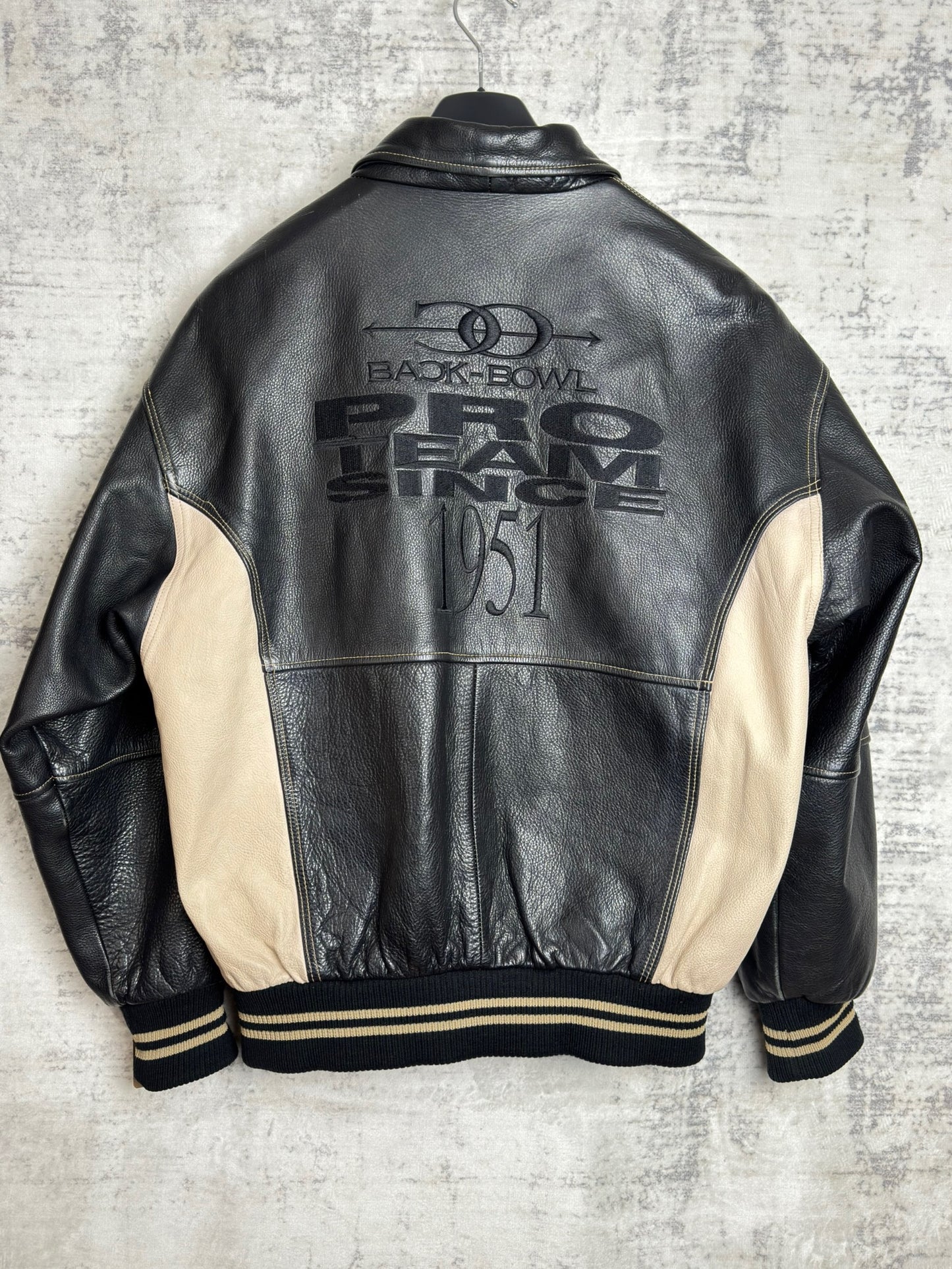 VINTAGE 90s "BACK BOWL BY GIANNI PELLE" LEATHER VARSITY JACKET SZ: S