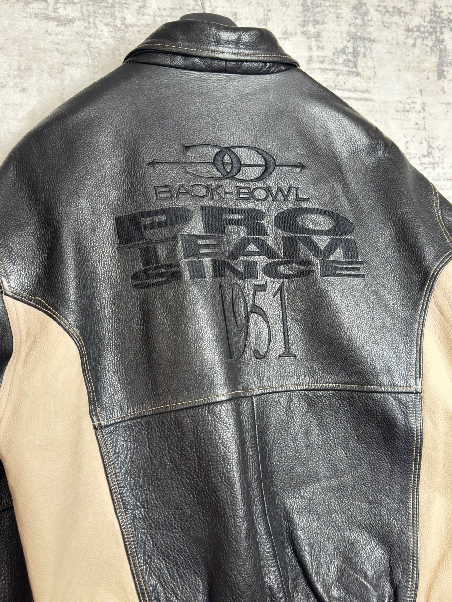 VINTAGE 90s "BACK BOWL BY GIANNI PELLE" LEATHER VARSITY JACKET SZ: S