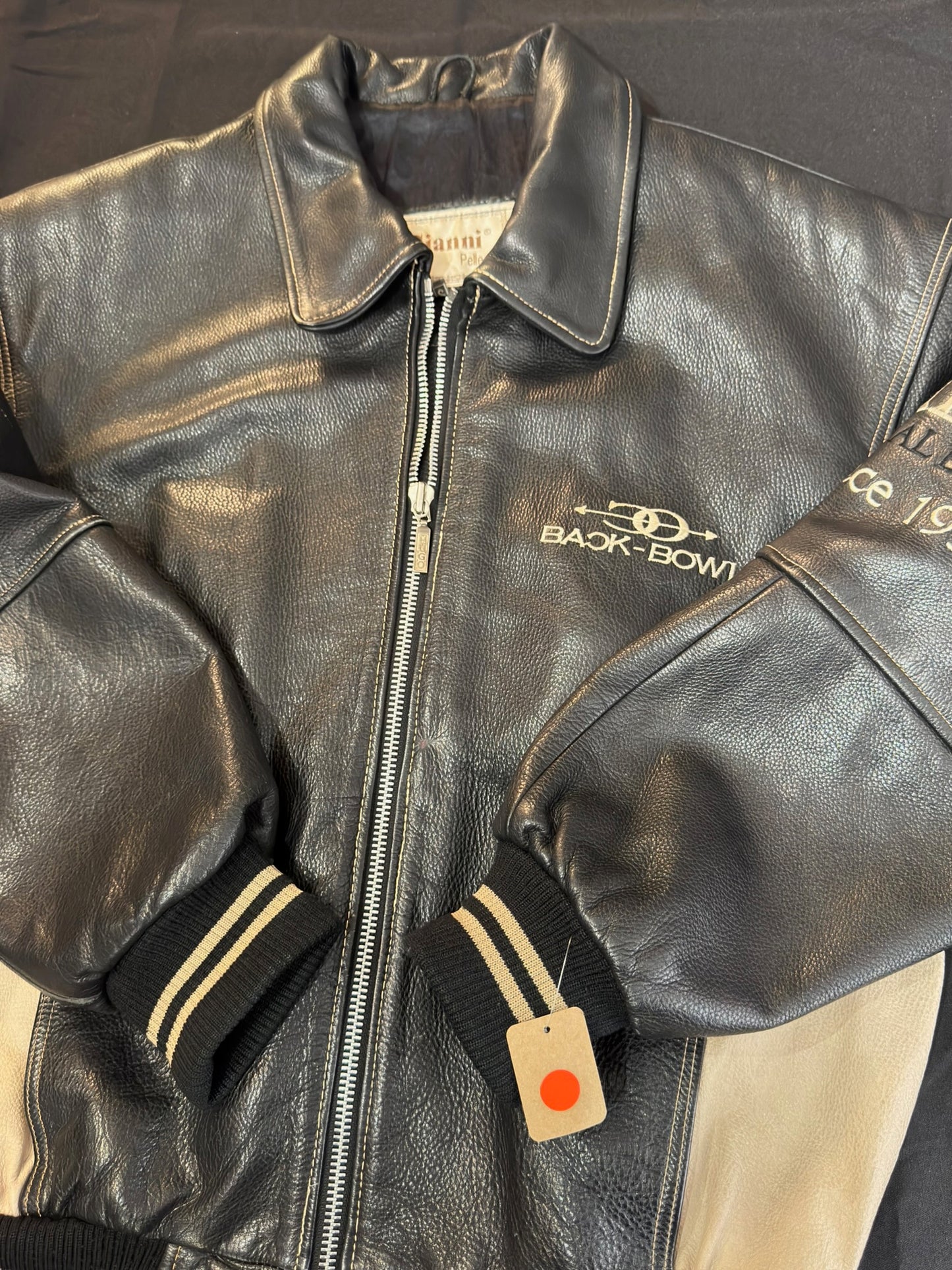 VINTAGE 90s "BACK BOWL BY GIANNI PELLE" LEATHER VARSITY JACKET SZ: S