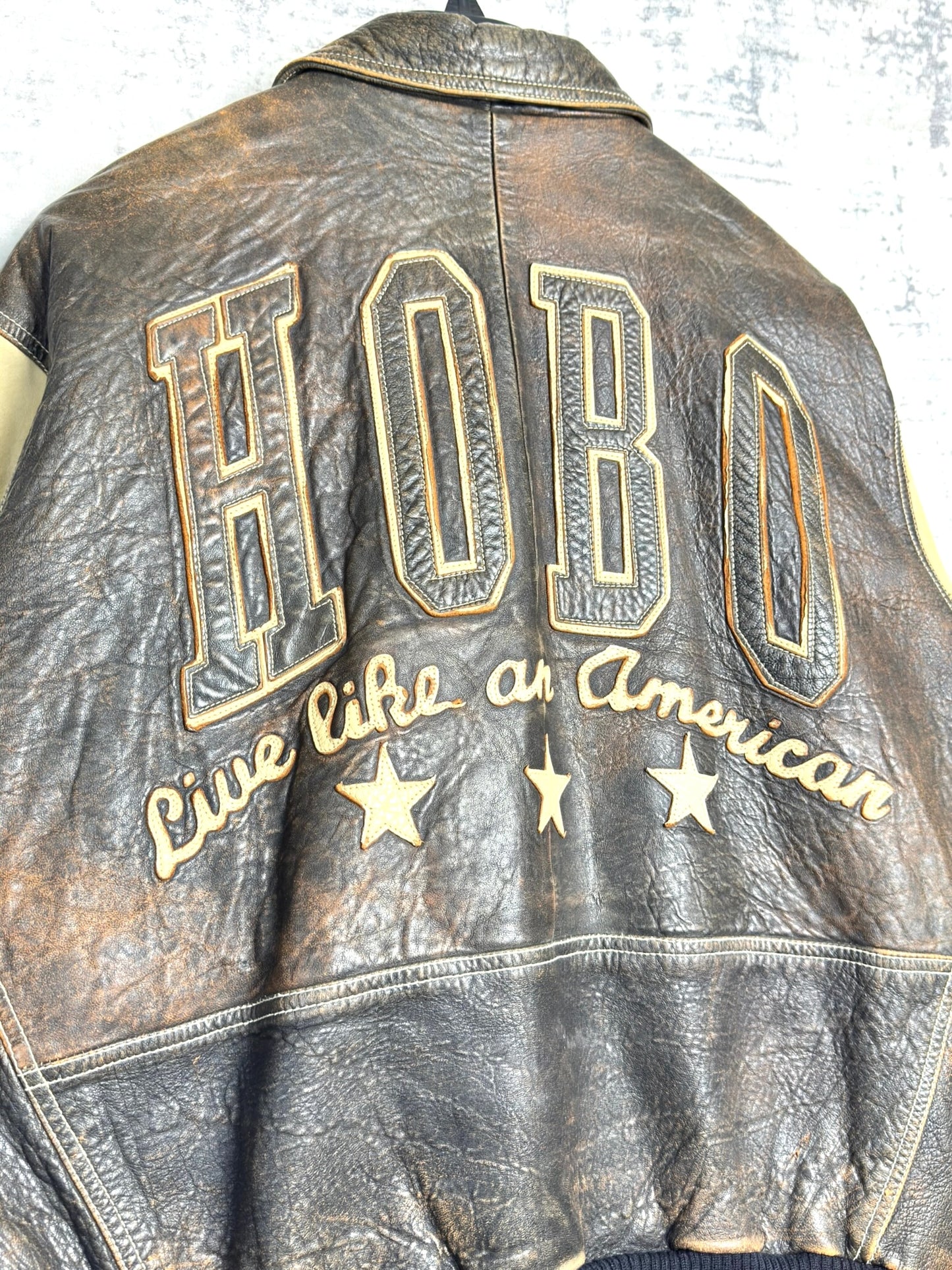 VINTAGE 90s HOBO LEATHER VARSITY JACKET SZ: L