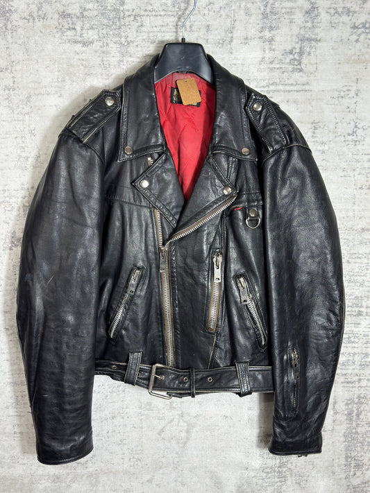 VINTAGE 80s CUT BACK MOTORCYCLE BIKER LEATHER JACKET  SZ: S