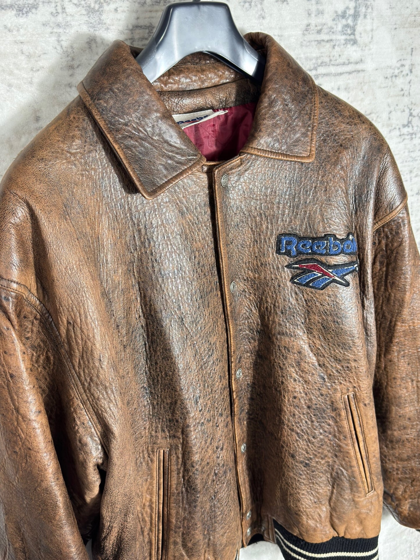 VINTAGE 90s REEBOK VARSITY LEATHER JACKET SZ: L