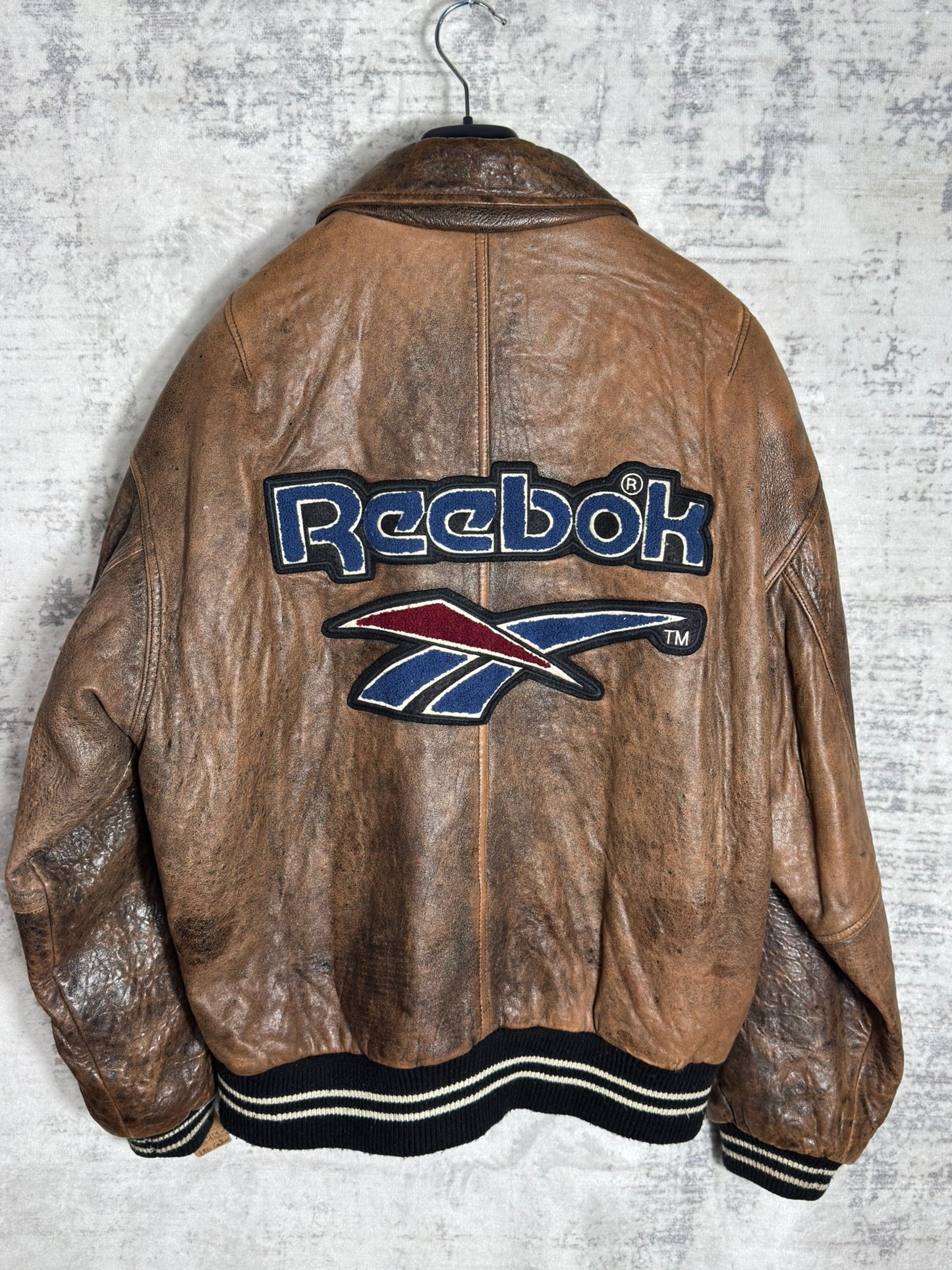 VINTAGE 90s REEBOK VARSITY LEATHER JACKET SZ: L