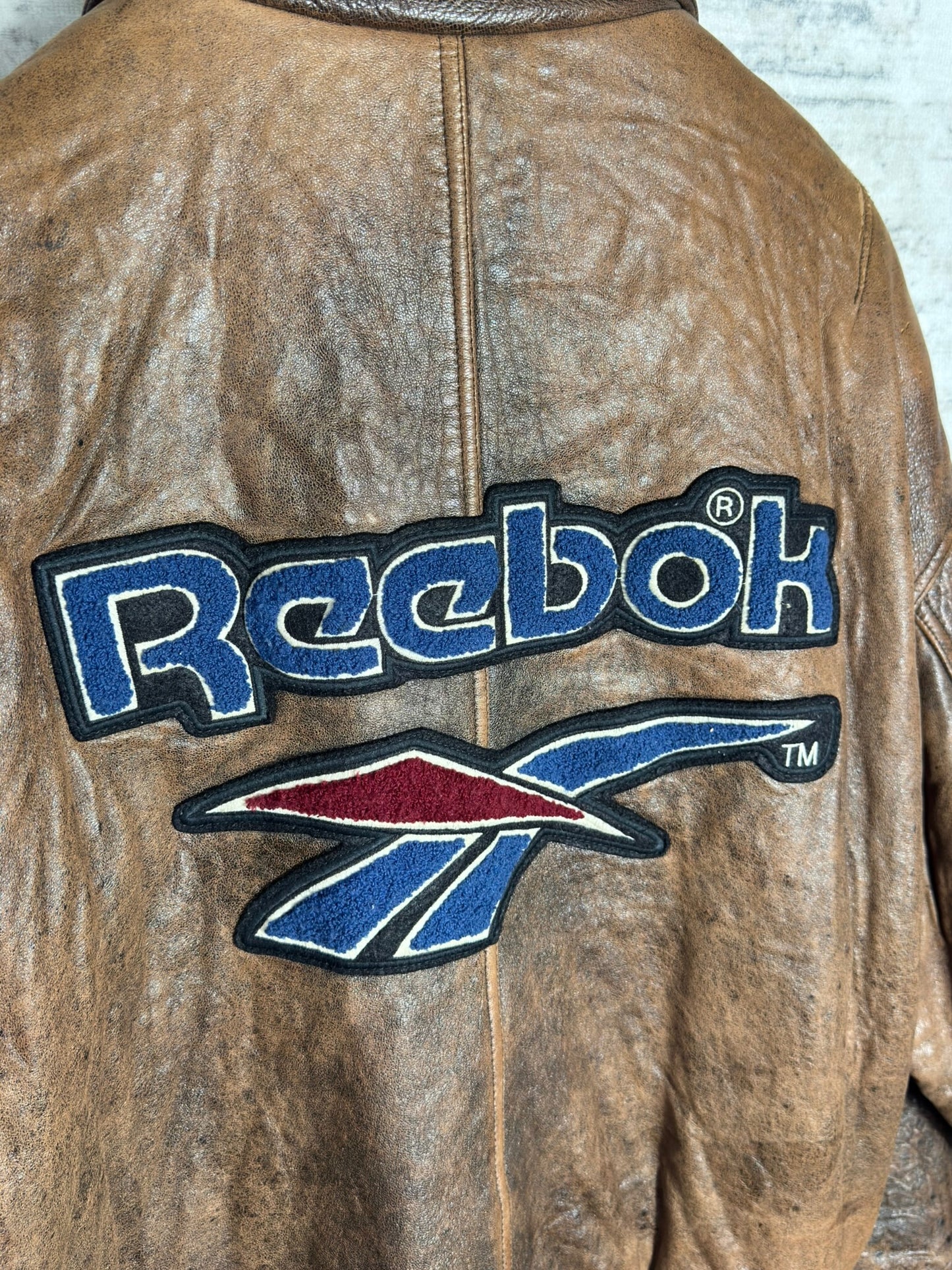 VINTAGE 90s REEBOK VARSITY LEATHER JACKET SZ: L