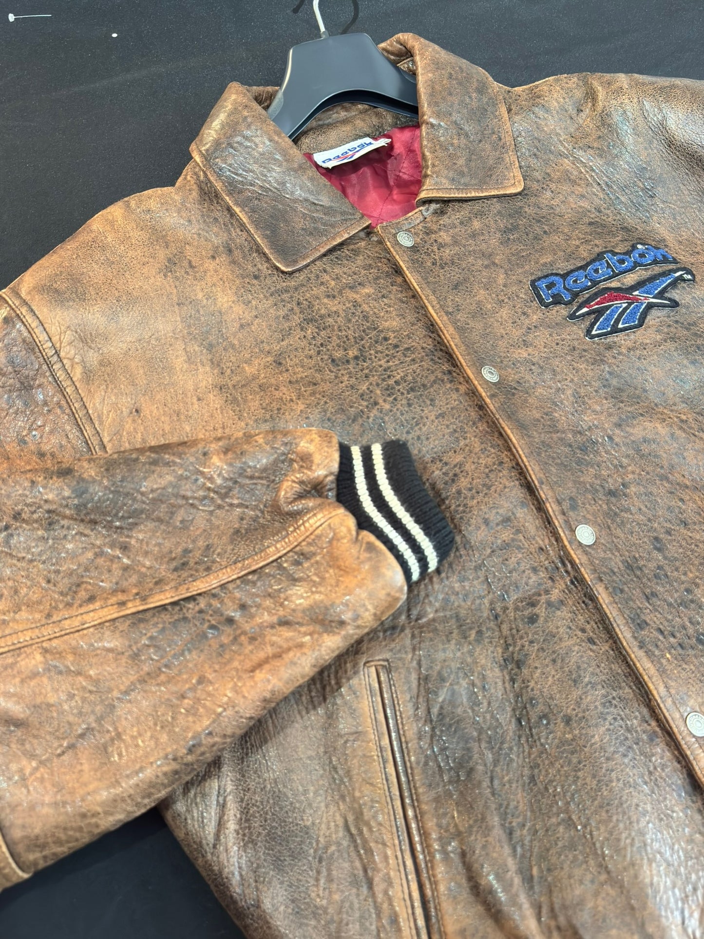 VINTAGE 90s REEBOK VARSITY LEATHER JACKET SZ: L