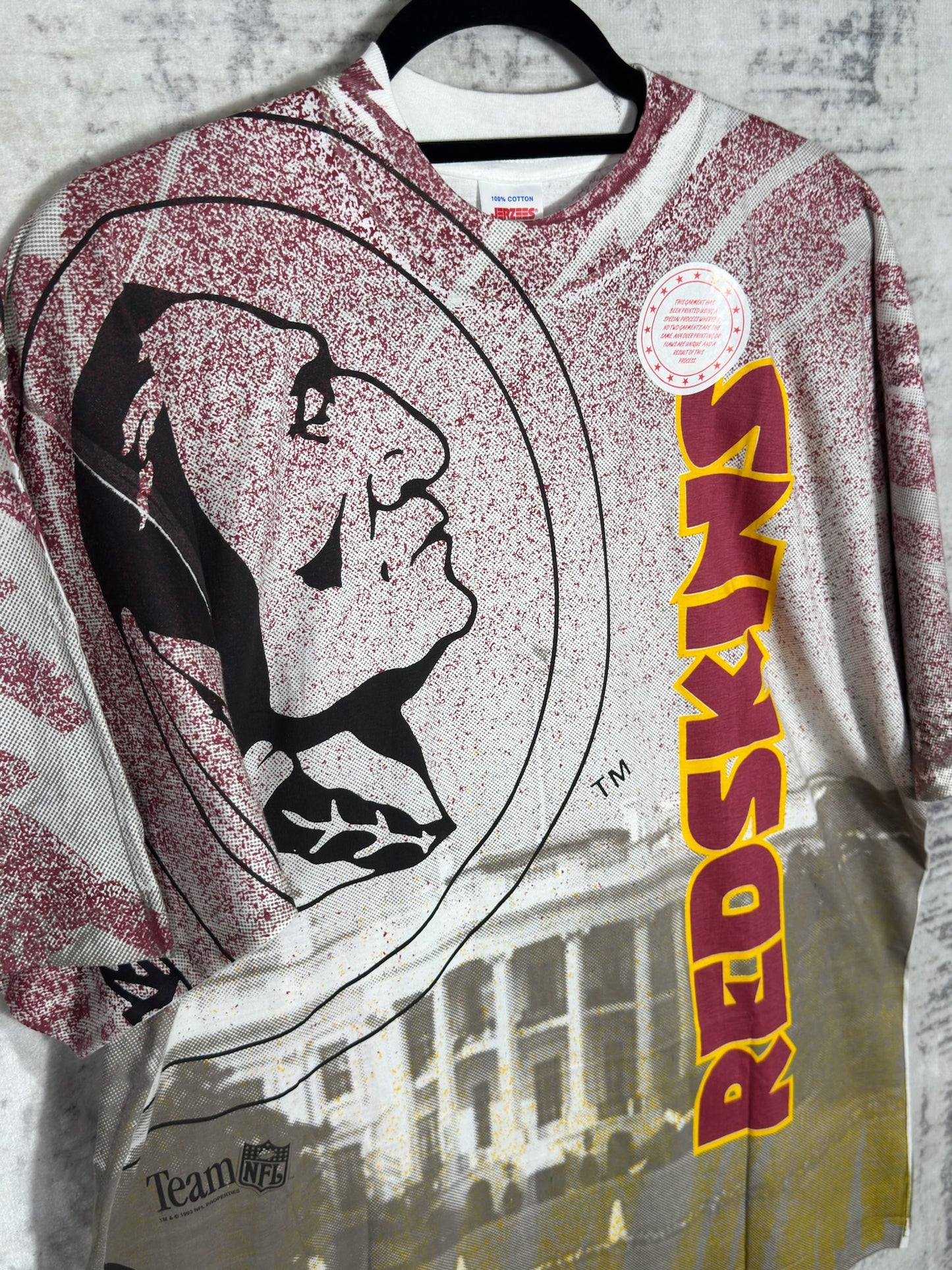 "DS" VINTAGE 1993 WASHINGTON REDSKINS "ALL OVER PRINT" T-SHIRT SZ: XL