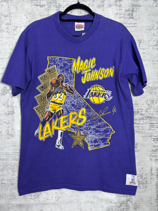 VINTAGE 90s LOS ANGELES LAKERS "MAGIC JOHNSON" NUTMEG T-SHIRT SZ: L