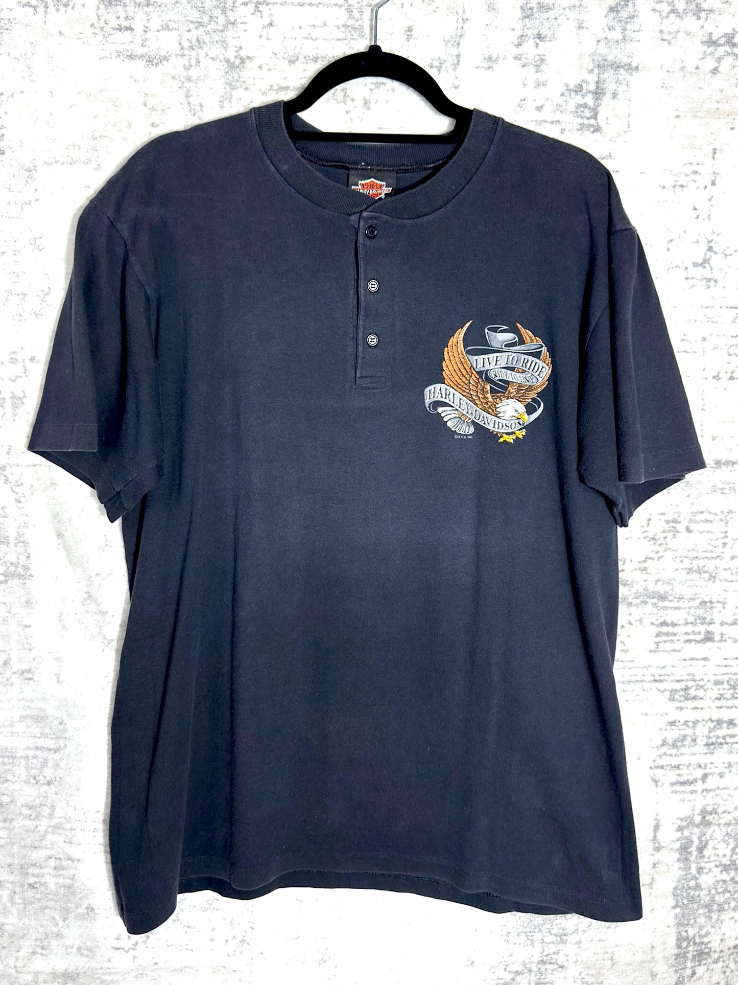 VINTAGE 90s HARLEY DAVIDSON "LIVE TO RIDE" HENLEY T-SHIRT SZ: L