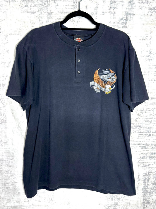 VINTAGE 90s HARLEY DAVIDSON "LIVE TO RIDE" HENLEY T-SHIRT SZ: L