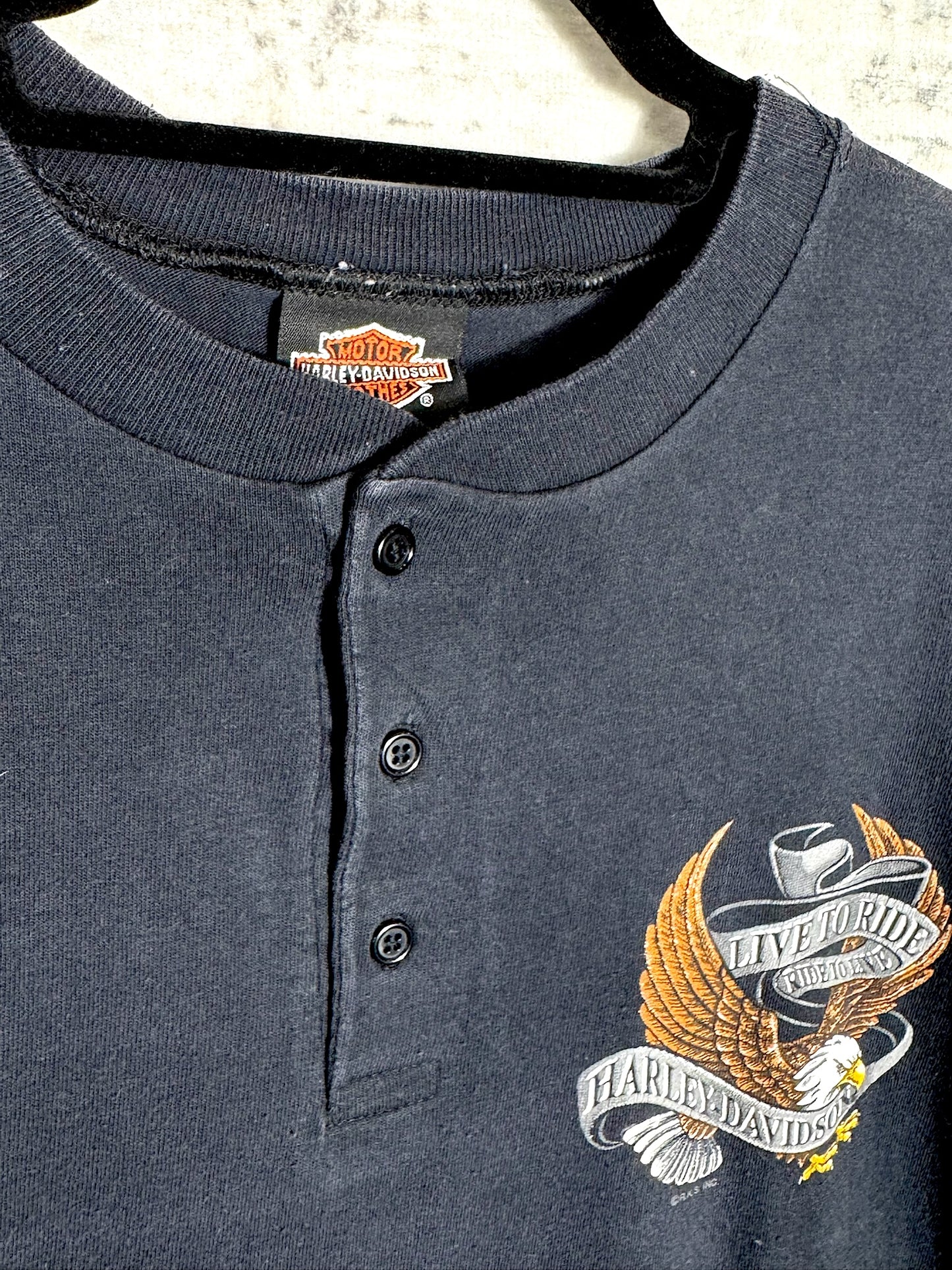 VINTAGE 90s HARLEY DAVIDSON "LIVE TO RIDE" HENLEY T-SHIRT SZ: L