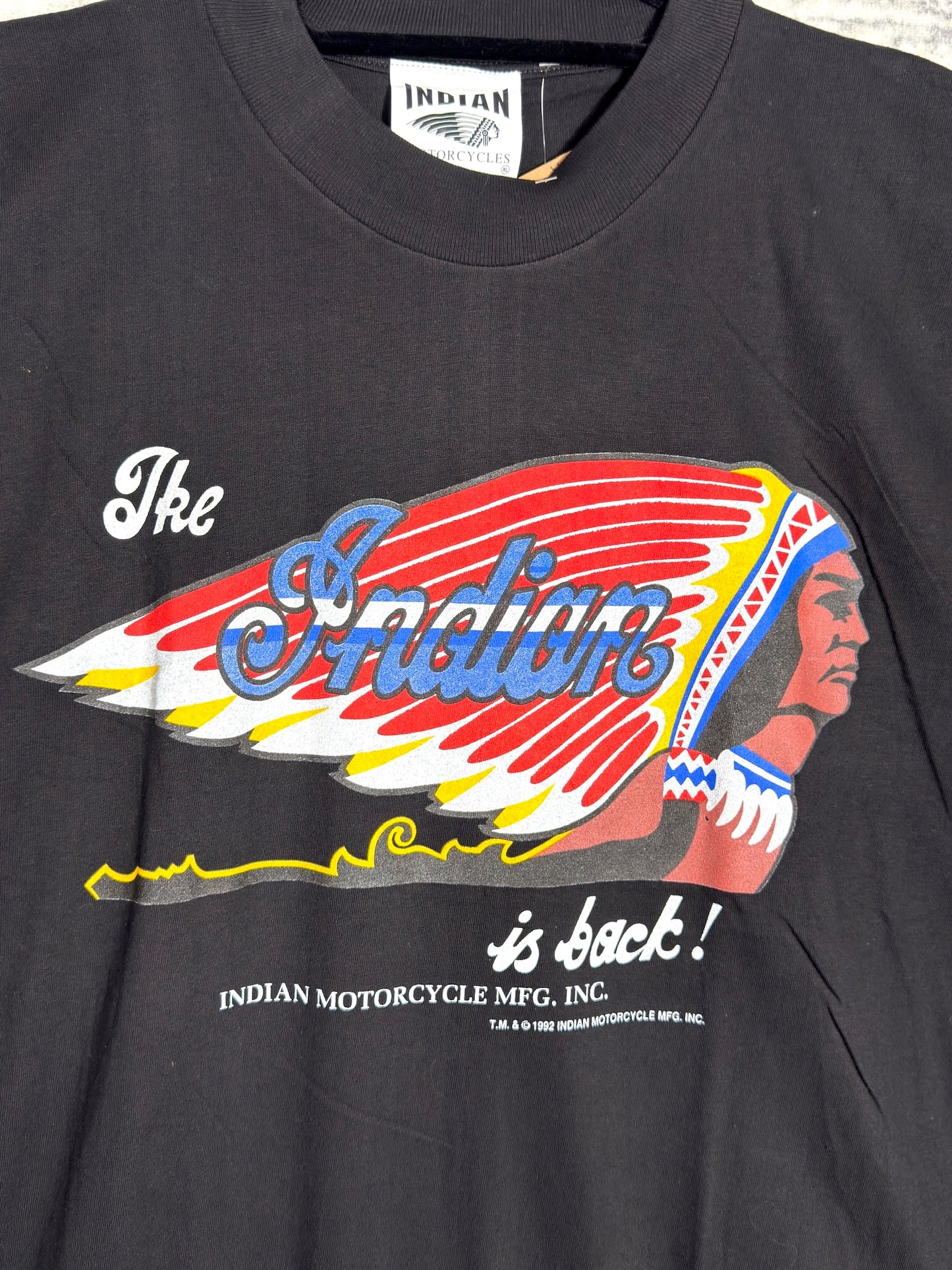 "NWOT" VINTAGE 1992 INDIAN MOTOCYCLE "THE INDIAN IS BACK" T-SHIRT SZ: XL