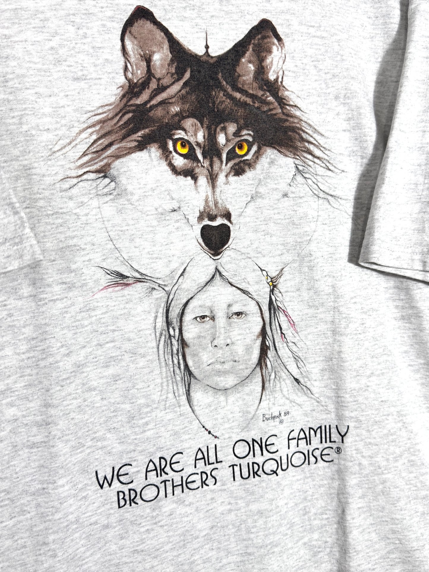 VINTAGE 90s WE ARE ALL ONE FAMILY BROTHERS TURQUOISE T-SHIRT SZ: L
