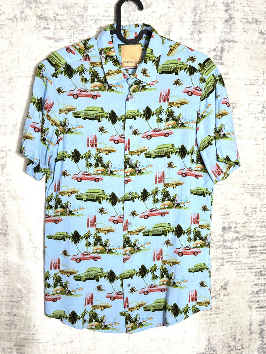 PIAZZA ITALIA "CAR PATTERN" HAWAII SHORT SLEEVES SHIRT SZ: S