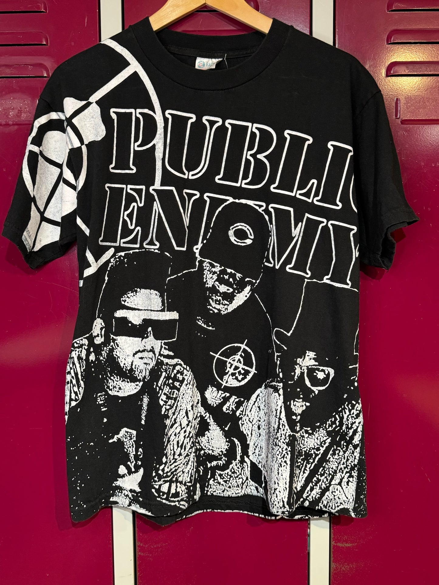 VINTAGE REPRINT 90s PUBLIC ENNEMY ALL OVER PRINT HIP-HOP RAP T-SHIRT SZ: L