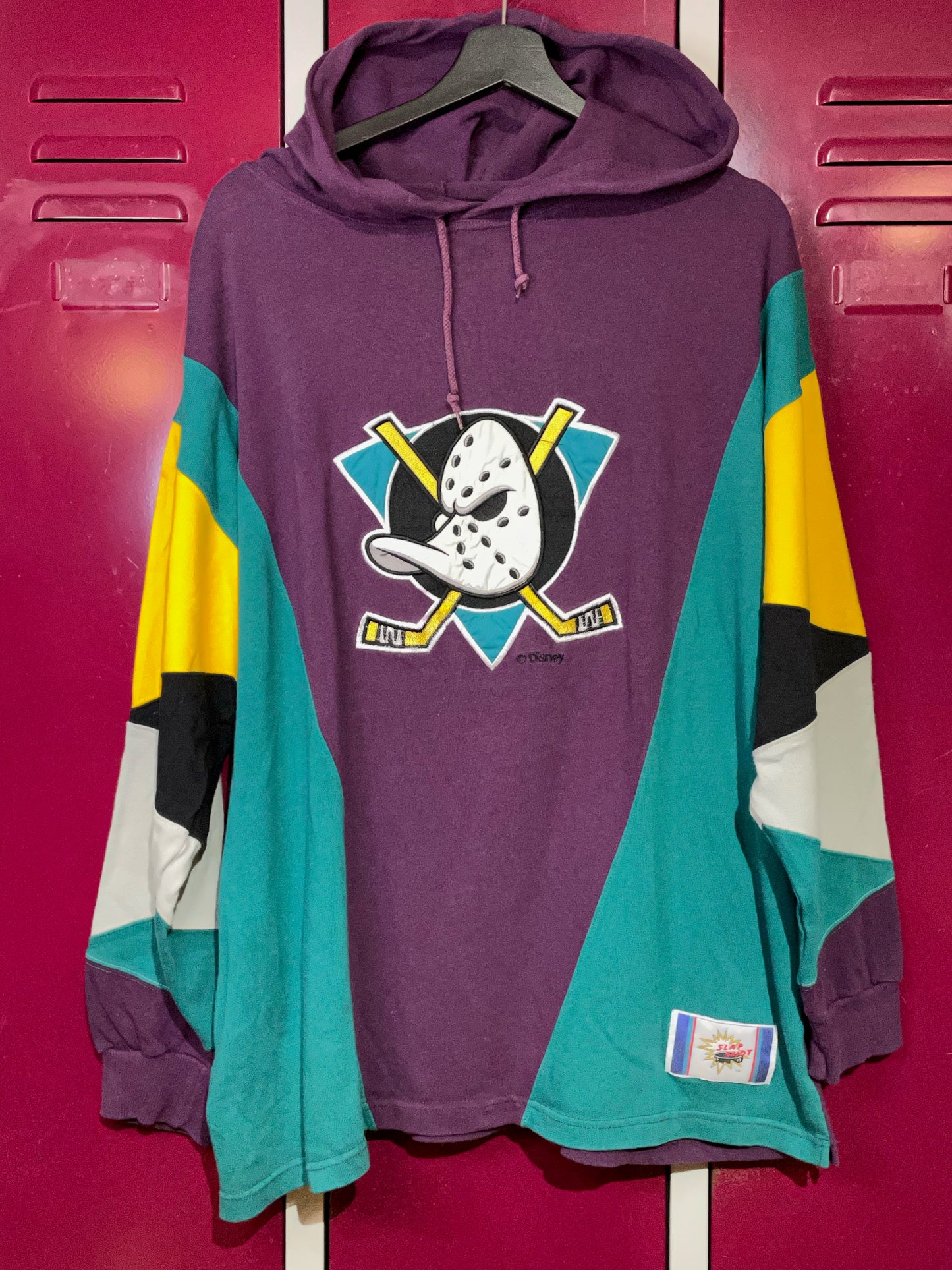 VINTAGE SLAP SHOT "DISNEY: THE MIGHTY DUCKS (MOVIE)" NHL HOCKEY HOODIE  SZ: L