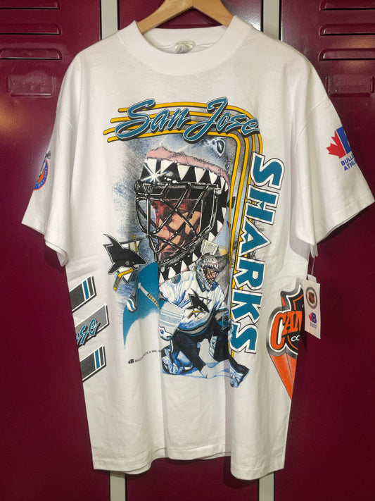 "DS" VINTAGE 1992 BULLETIN ATHLETIC SAN JOSE SHARKS NHL T-SHIRT  SZ: ONE SIZE
