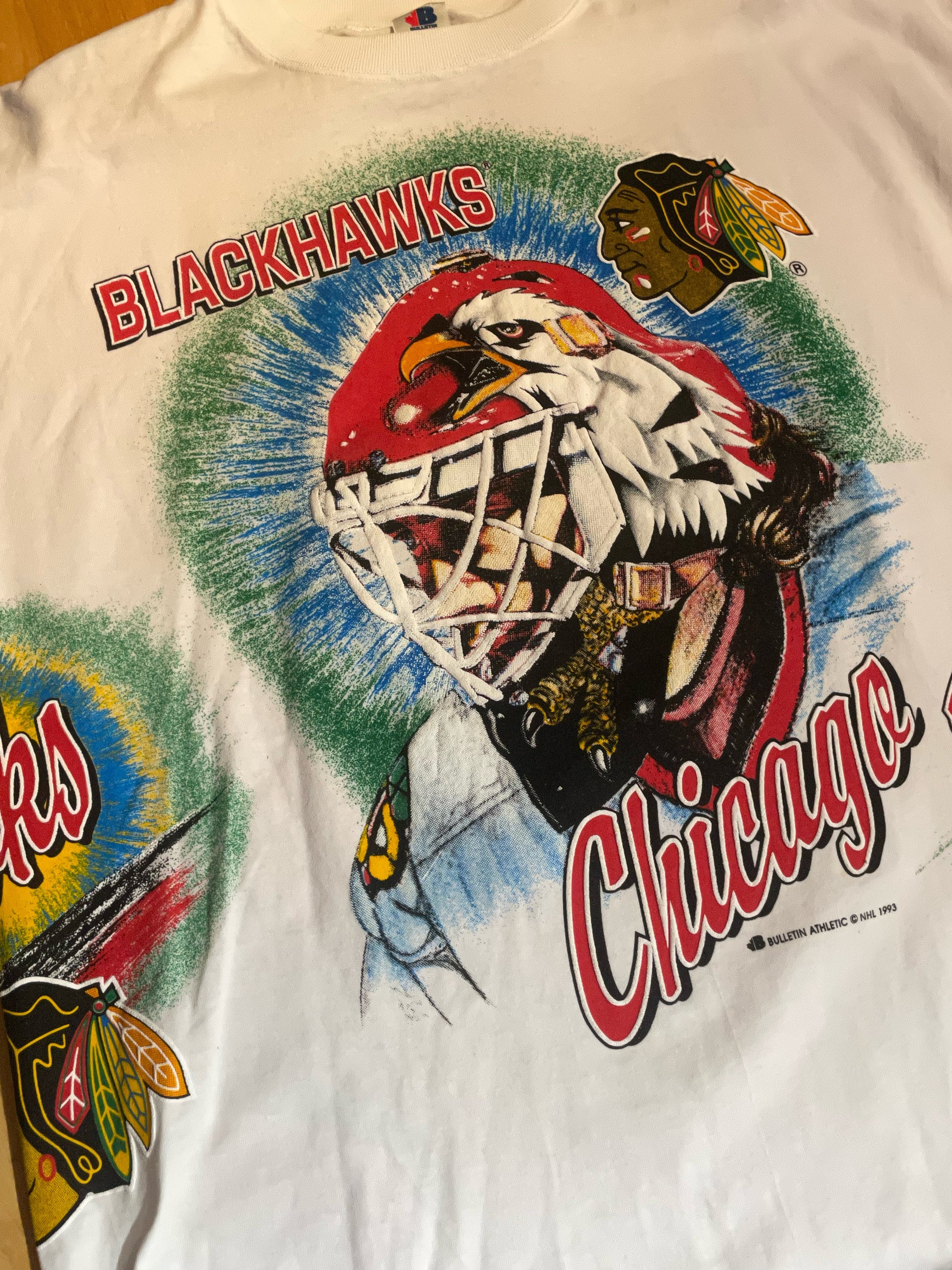 DS VINTAGE 1993 BULLETIN ATHLETIC CHICAGO BLACKHAWKS NHL T-SHIRT SZ: ONE  SIZE