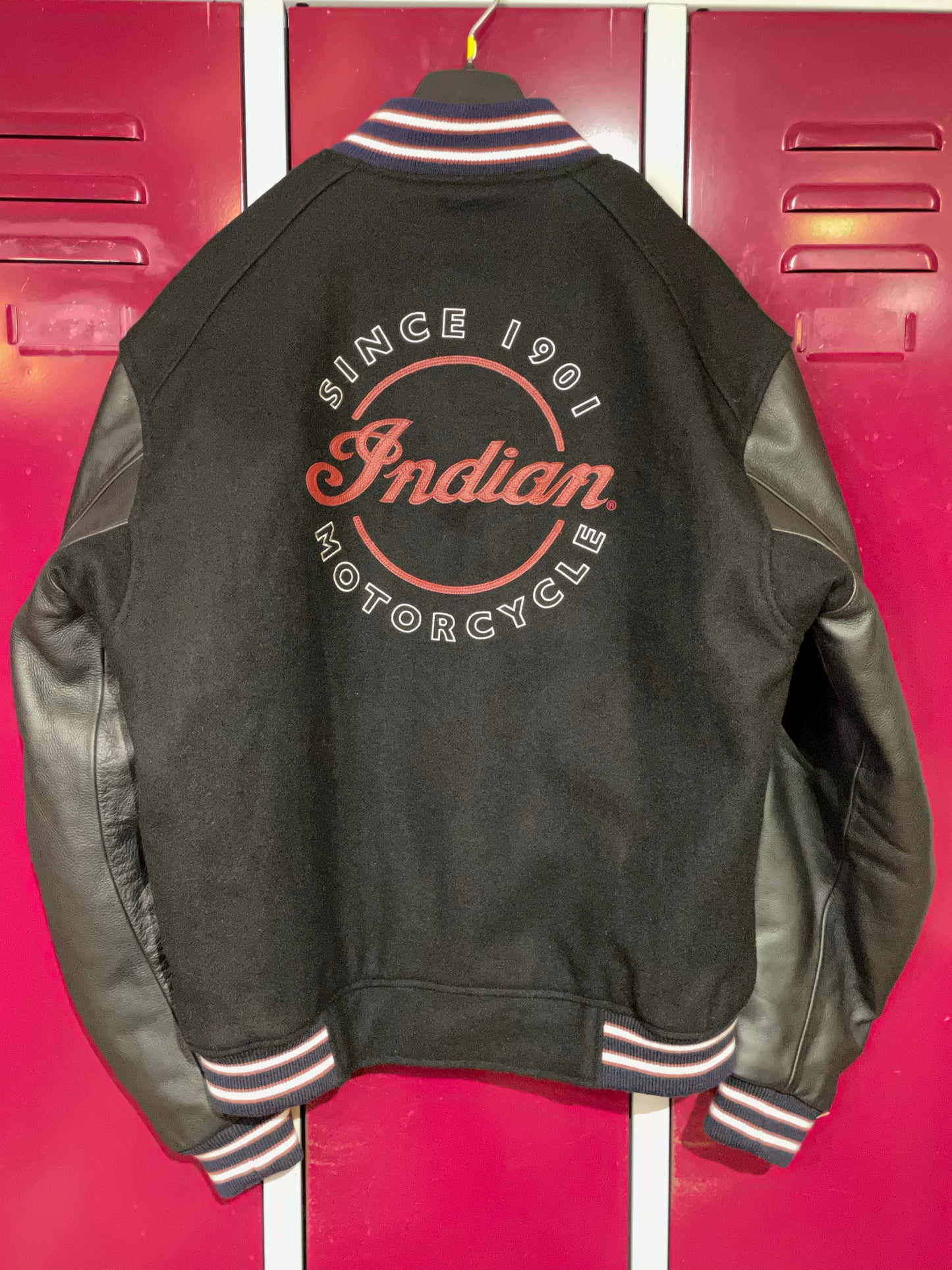 "DS" INDIAN MOTORCYCLE WOOL & LEATHER VARSITY JACKET SZ: M