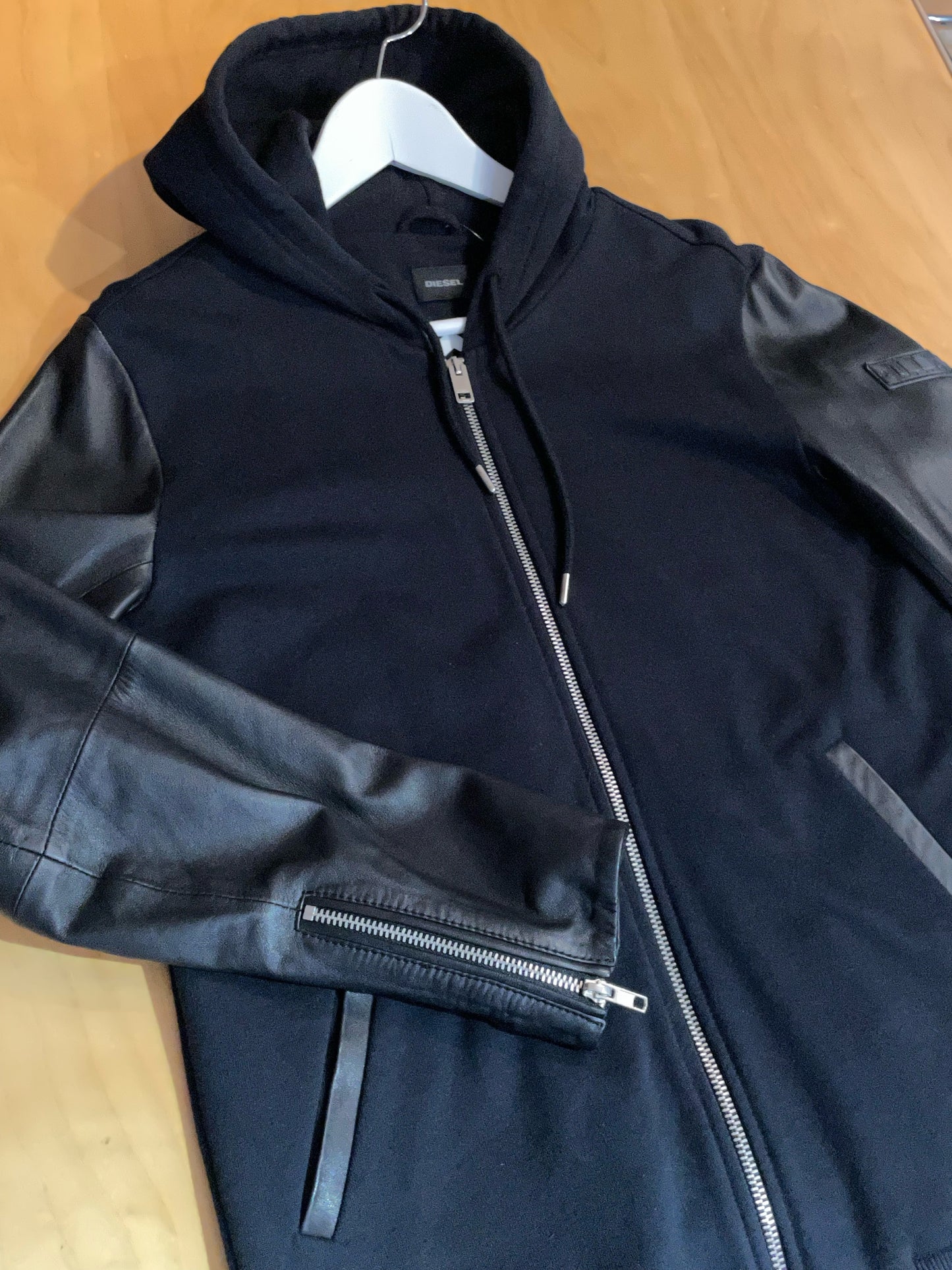 DIESEL LEATHER SLEEVES HOODIE ZIP UP  SZ: S