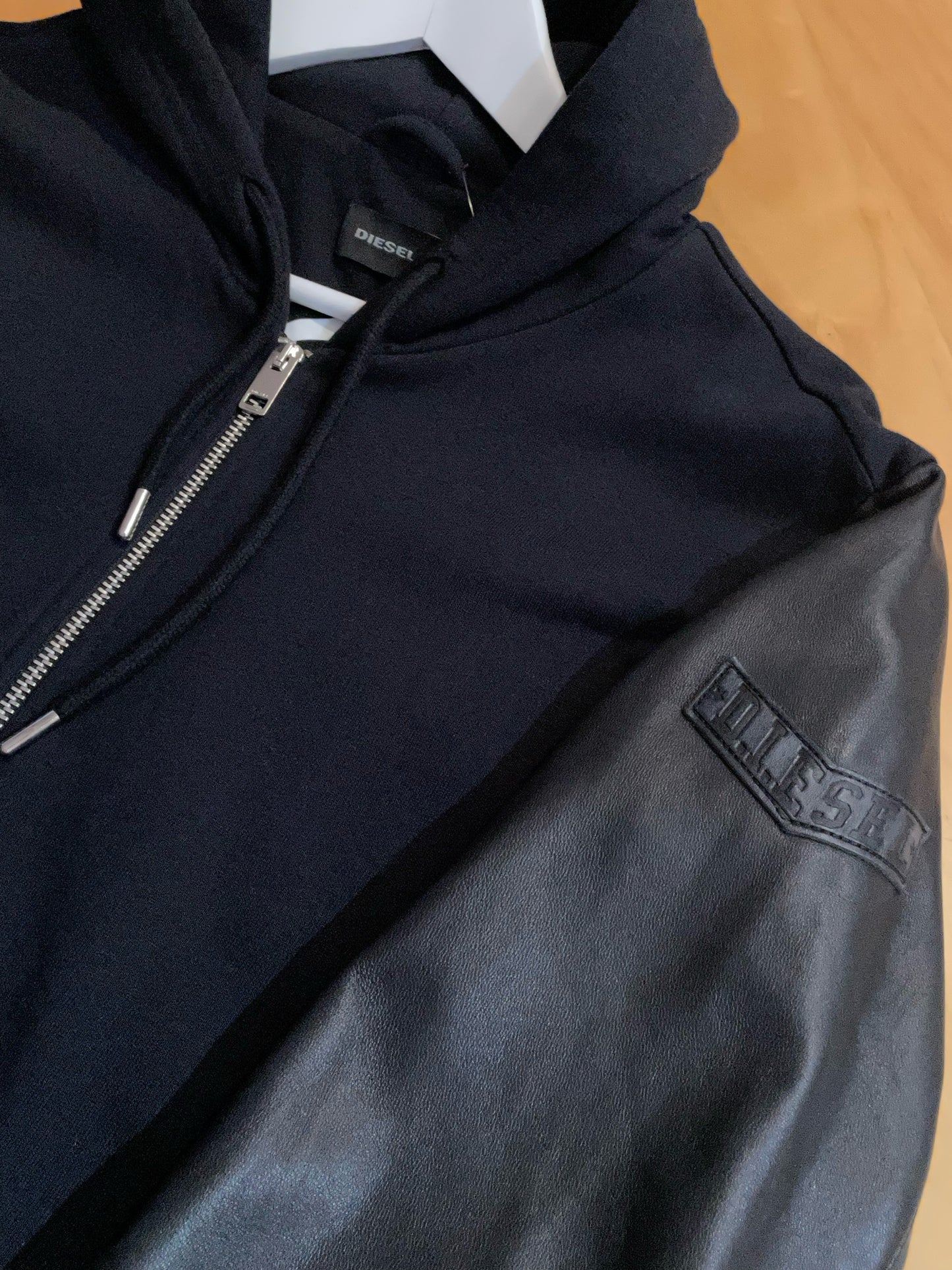 DIESEL LEATHER SLEEVES HOODIE ZIP UP  SZ: S