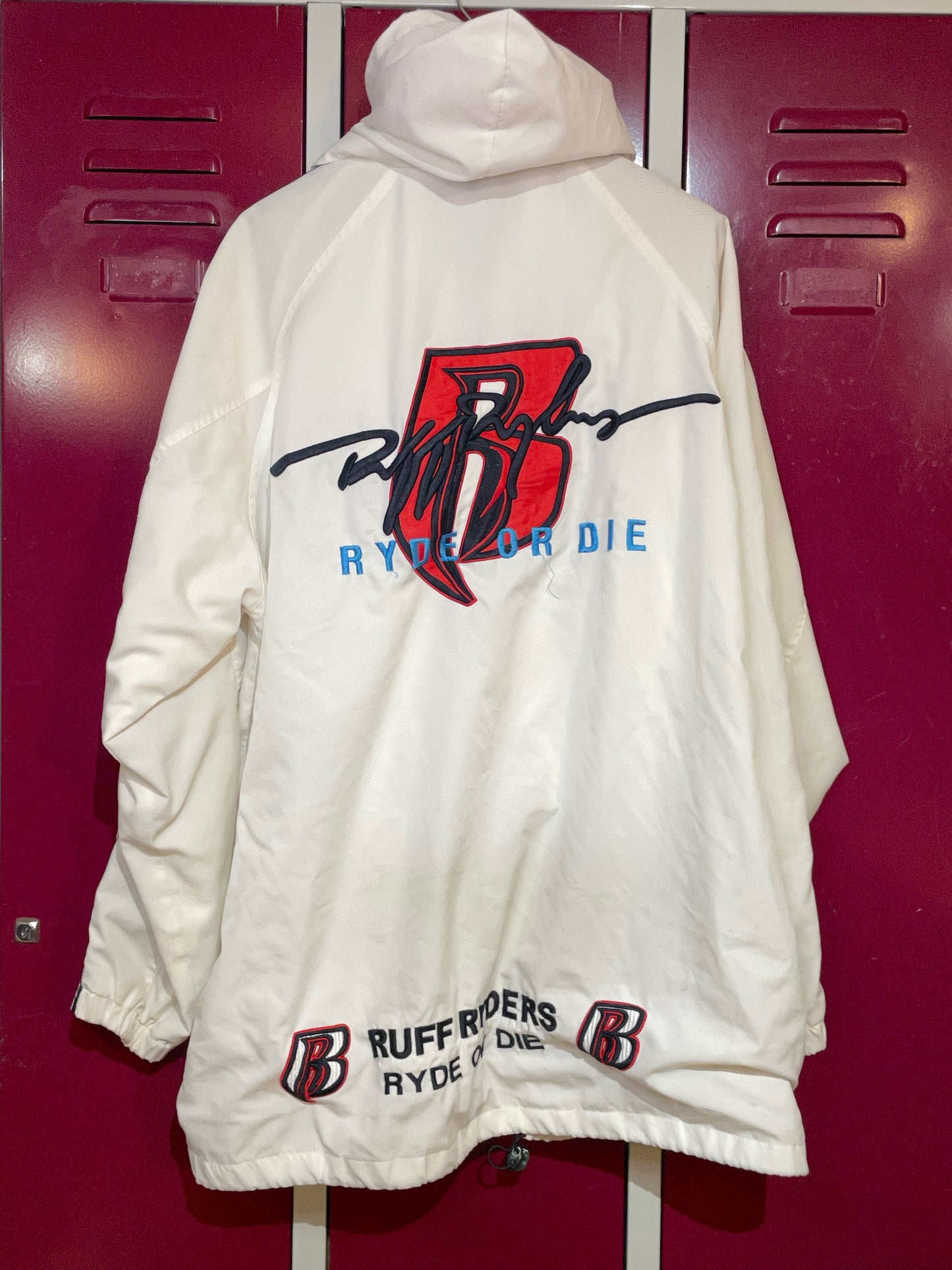 VINTAGE 90s RUFF RYDERS "RYDE OR DIE" RAIN JACKET  SZ: XL