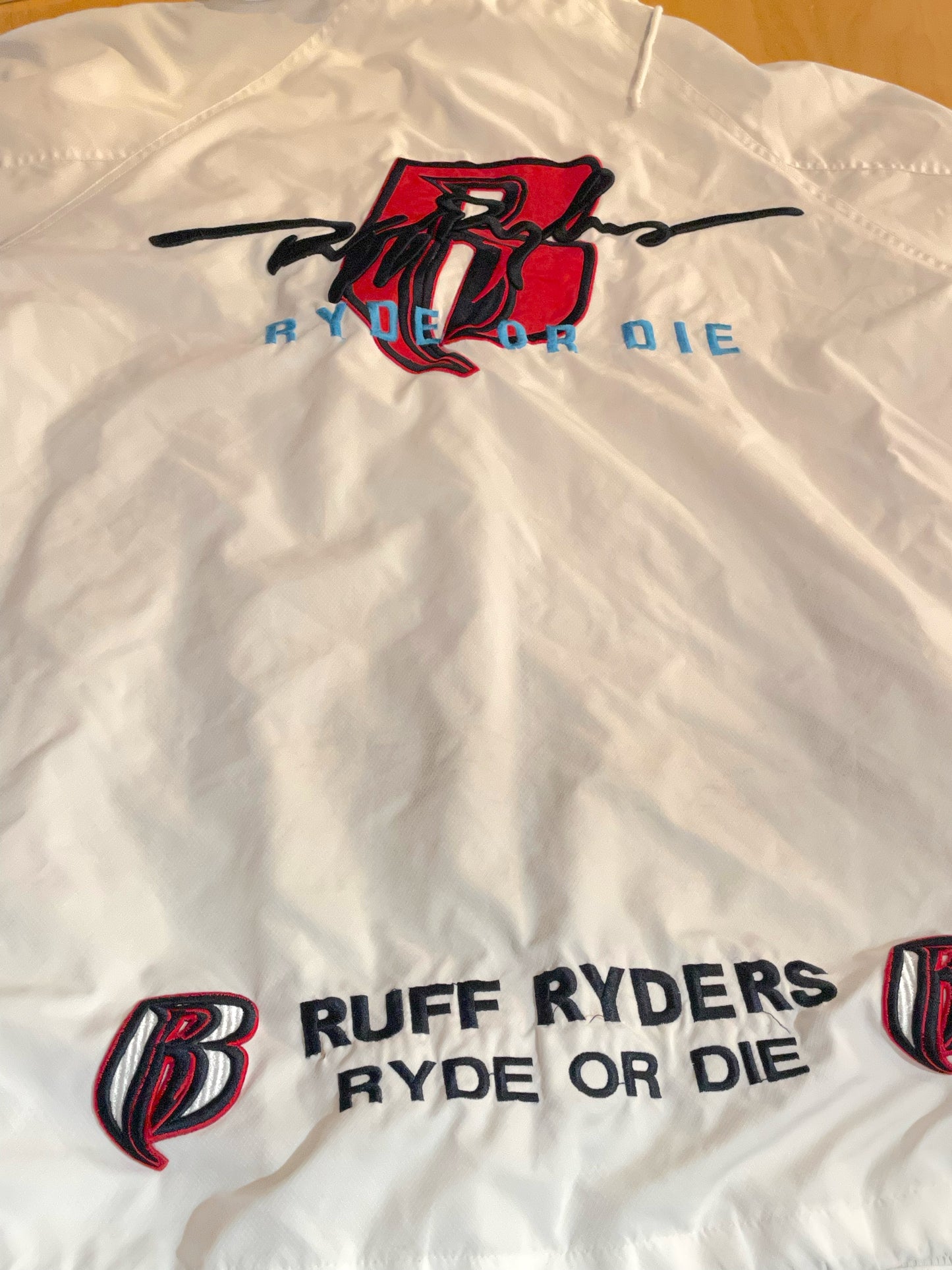 VINTAGE 90s RUFF RYDERS "RYDE OR DIE" RAIN JACKET  SZ: XL