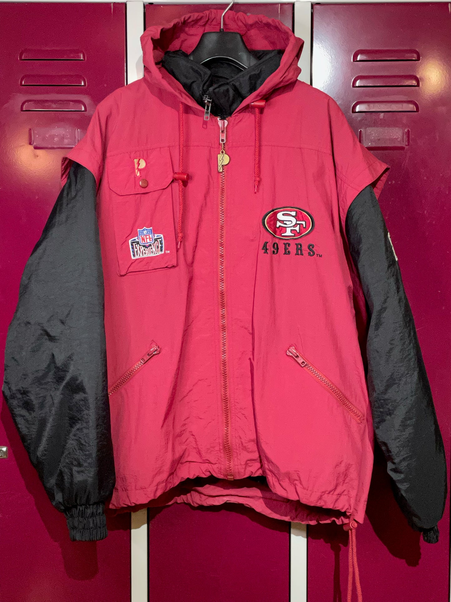 VINTAGE PRO PLAYER SF 49ERS "REMOVABLE VEST" PUFFER JACKET  SZ: L