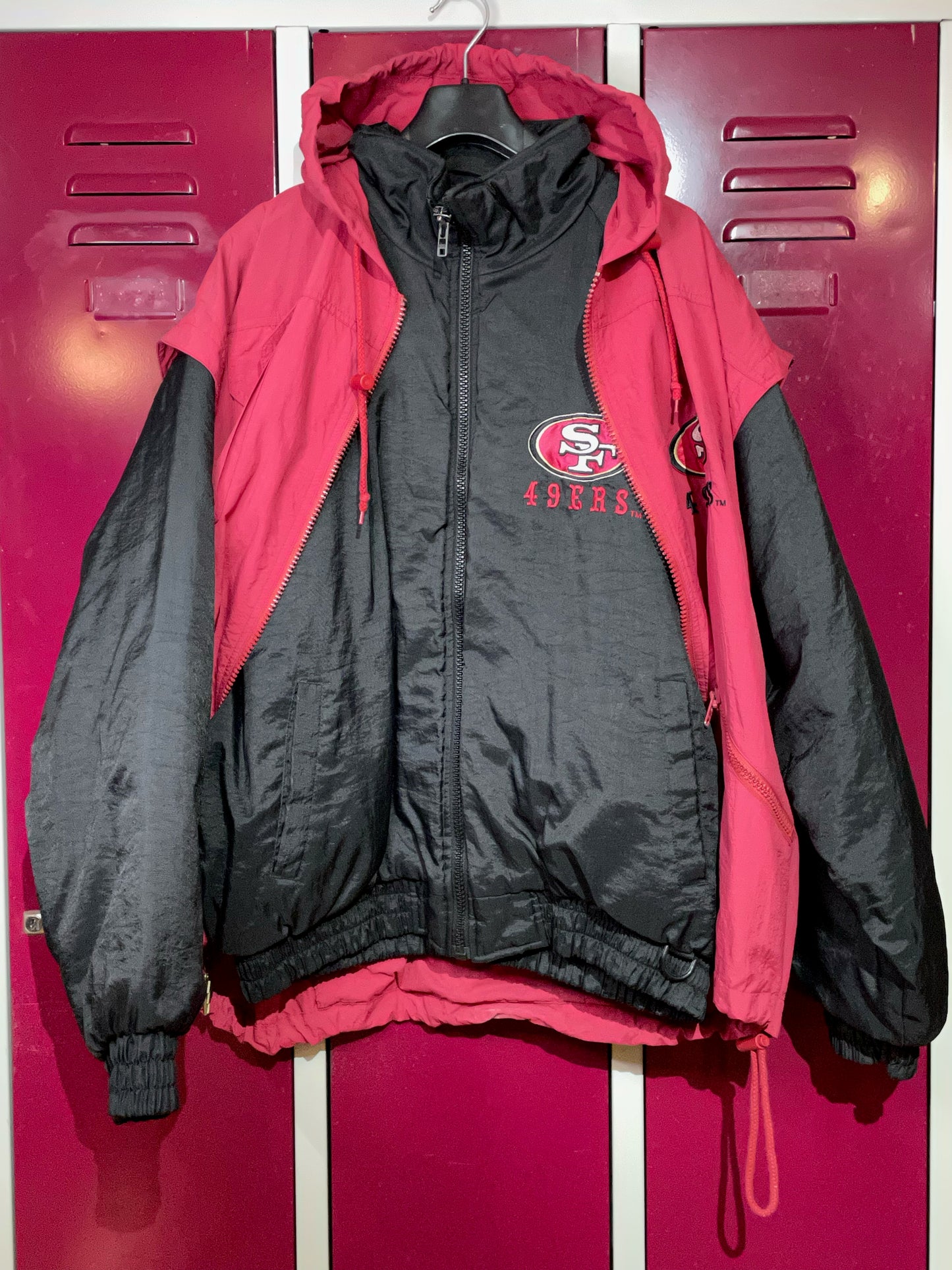 VINTAGE PRO PLAYER SF 49ERS "REMOVABLE VEST" PUFFER JACKET  SZ: L